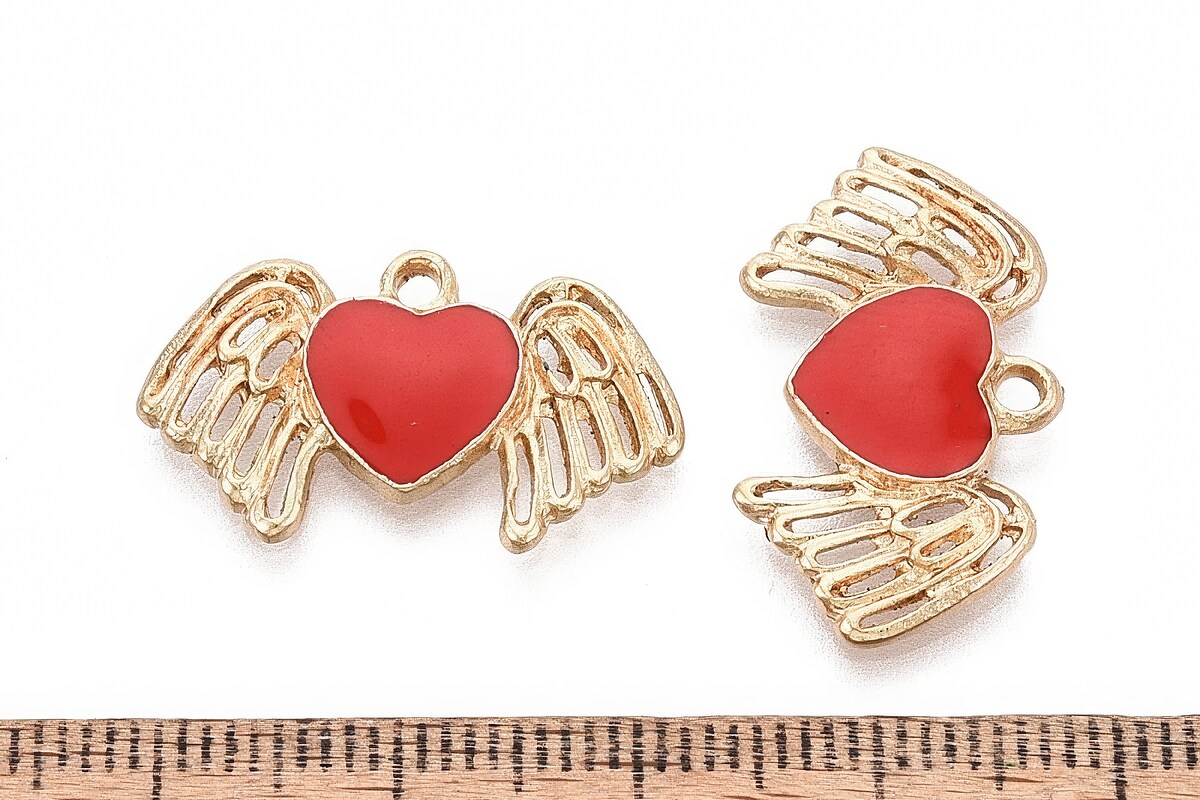 Charm mini pandantiv auriu emailat inima cu aripi 14x23,5mm