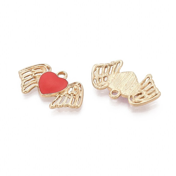 Charm mini pandantiv auriu emailat inima cu aripi 14x23,5mm