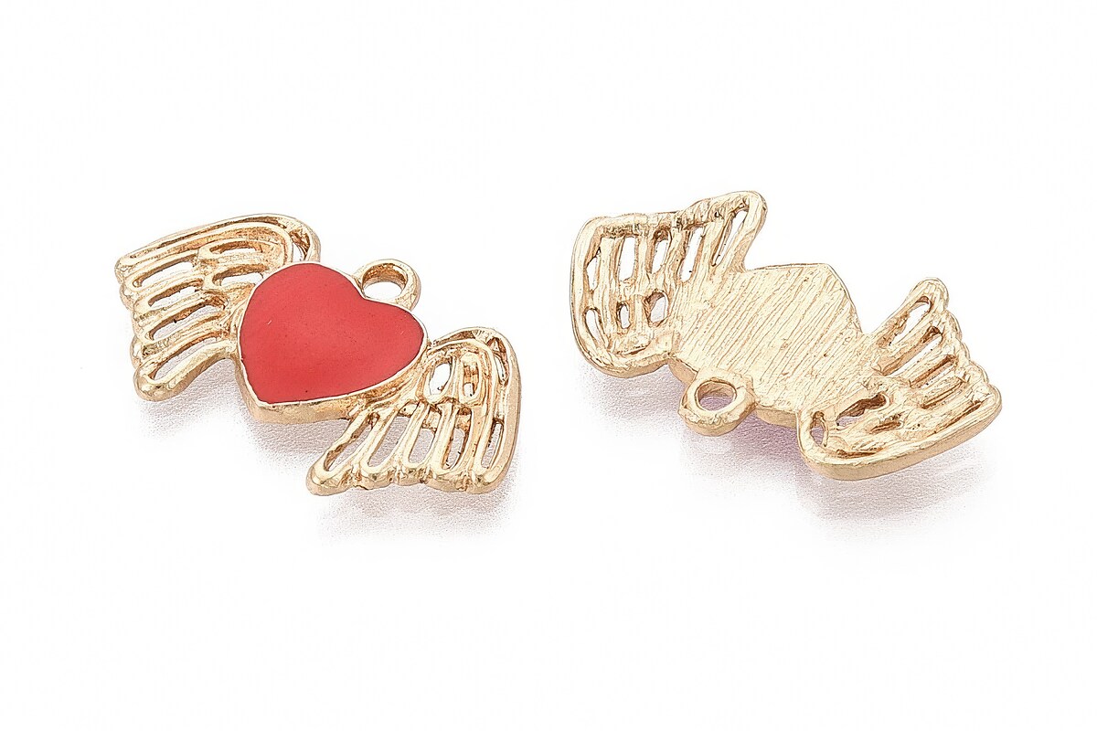 Charm mini pandantiv auriu emailat inima cu aripi 14x23,5mm
