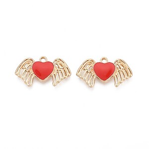 Charm mini pandantiv auriu emailat inima cu aripi 14x23,5mm