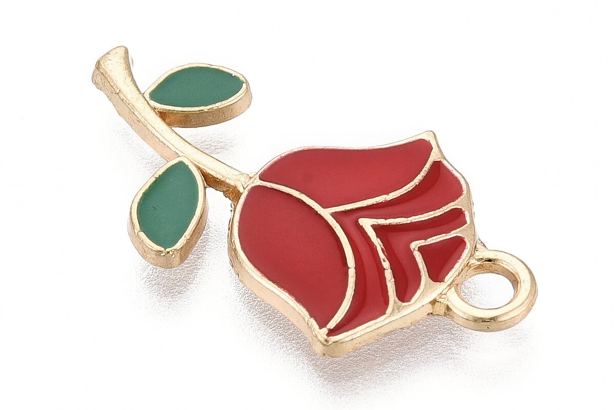 Charm mini pandantiv auriu emailat trandafir rosu 23,5x12,5mm