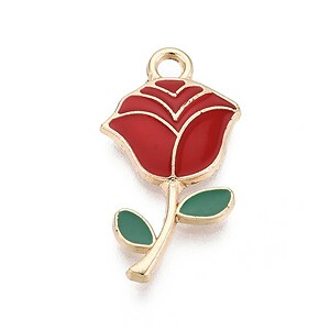 Charm mini pandantiv auriu emailat trandafir rosu 23,5x12,5mm
