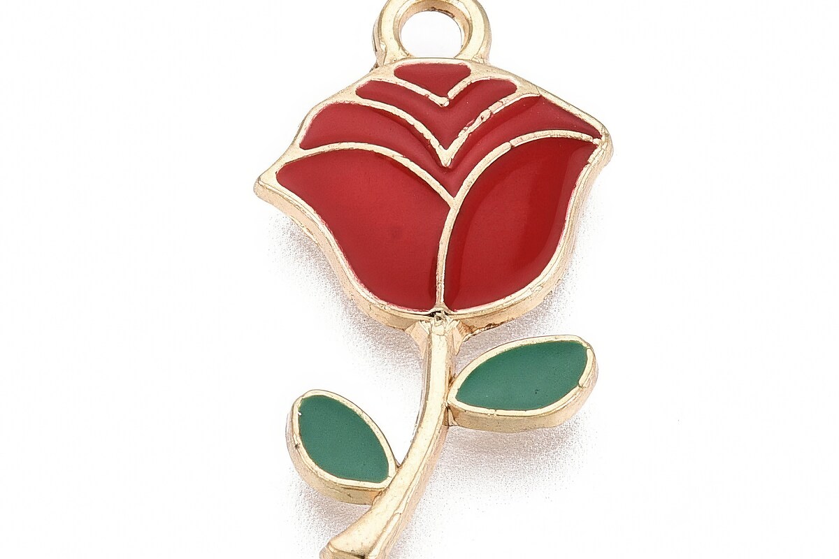 Charm mini pandantiv auriu emailat trandafir rosu 23,5x12,5mm