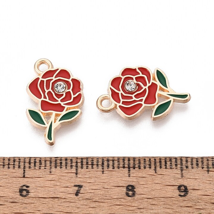 Charm mini pandantiv auriu emailat trandafir rosu cu stras alb 18,5x11mm