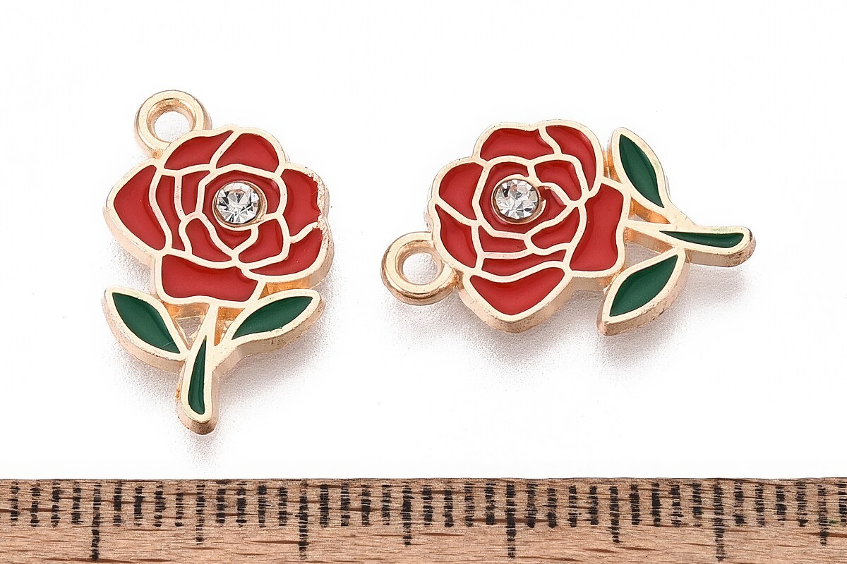 Charm mini pandantiv auriu emailat trandafir rosu cu stras alb 18,5x11mm