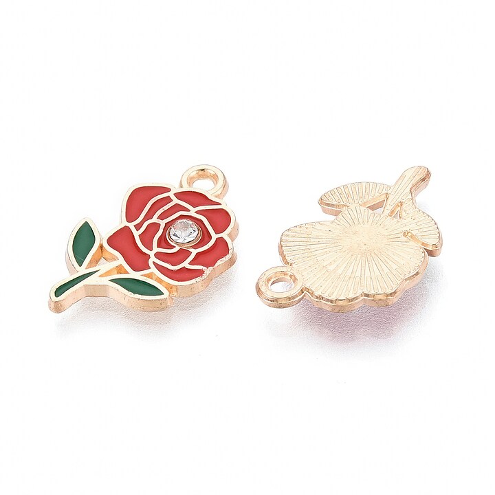 Charm mini pandantiv auriu emailat trandafir rosu cu stras alb 18,5x11mm