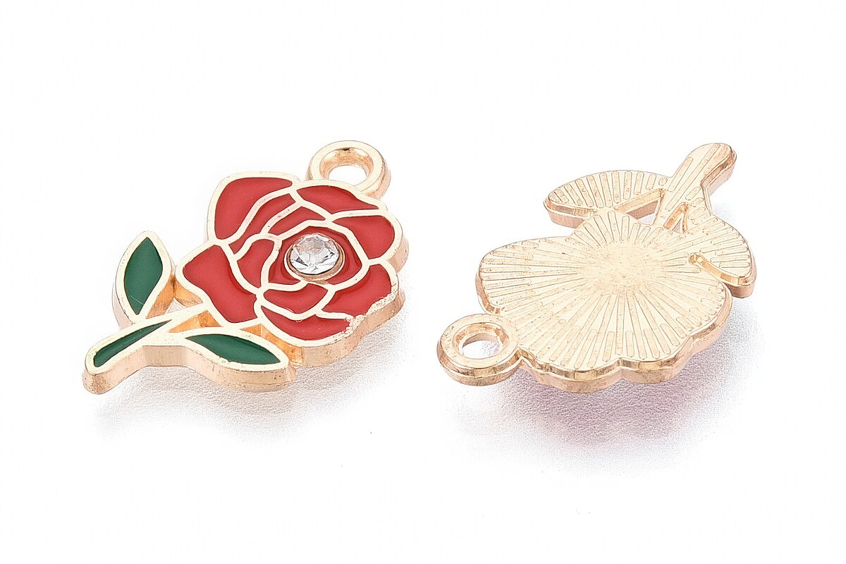 Charm mini pandantiv auriu emailat trandafir rosu cu stras alb 18,5x11mm