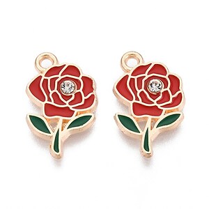 Charm mini pandantiv auriu emailat trandafir rosu cu stras alb 18,5x11mm