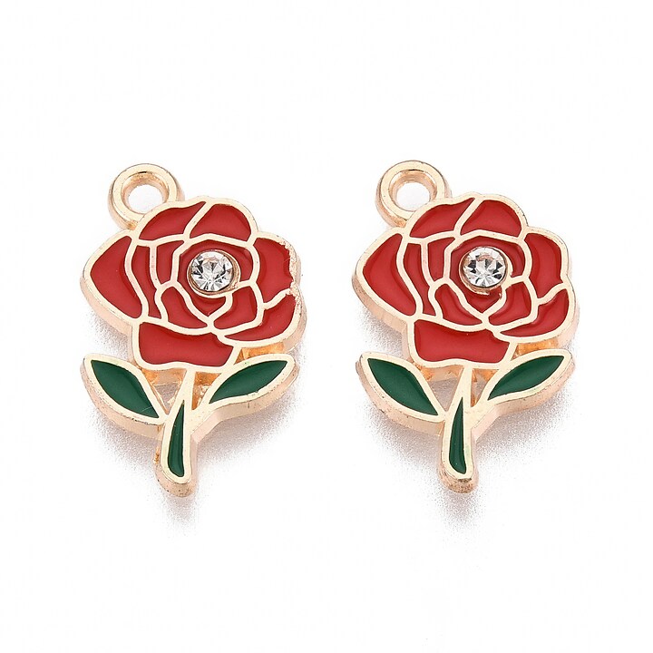 Charm mini pandantiv auriu emailat trandafir rosu cu stras alb 18,5x11mm