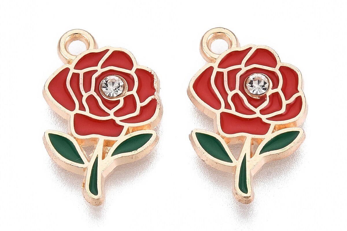 Charm mini pandantiv auriu emailat trandafir rosu cu stras alb 18,5x11mm