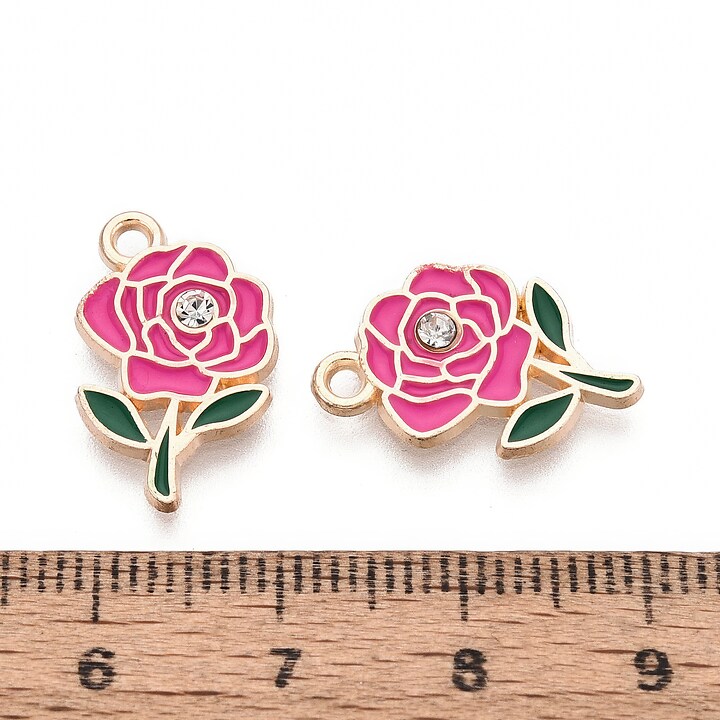 Charm mini pandantiv auriu emailat trandafir roz cu stras alb 18,5x11mm