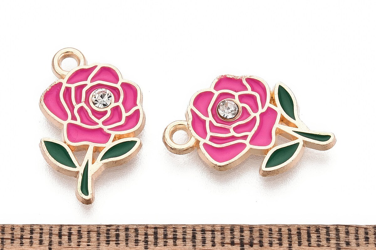 Charm mini pandantiv auriu emailat trandafir roz cu stras alb 18,5x11mm