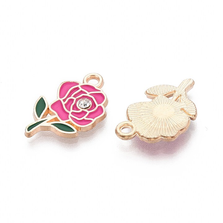 Charm mini pandantiv auriu emailat trandafir roz cu stras alb 18,5x11mm