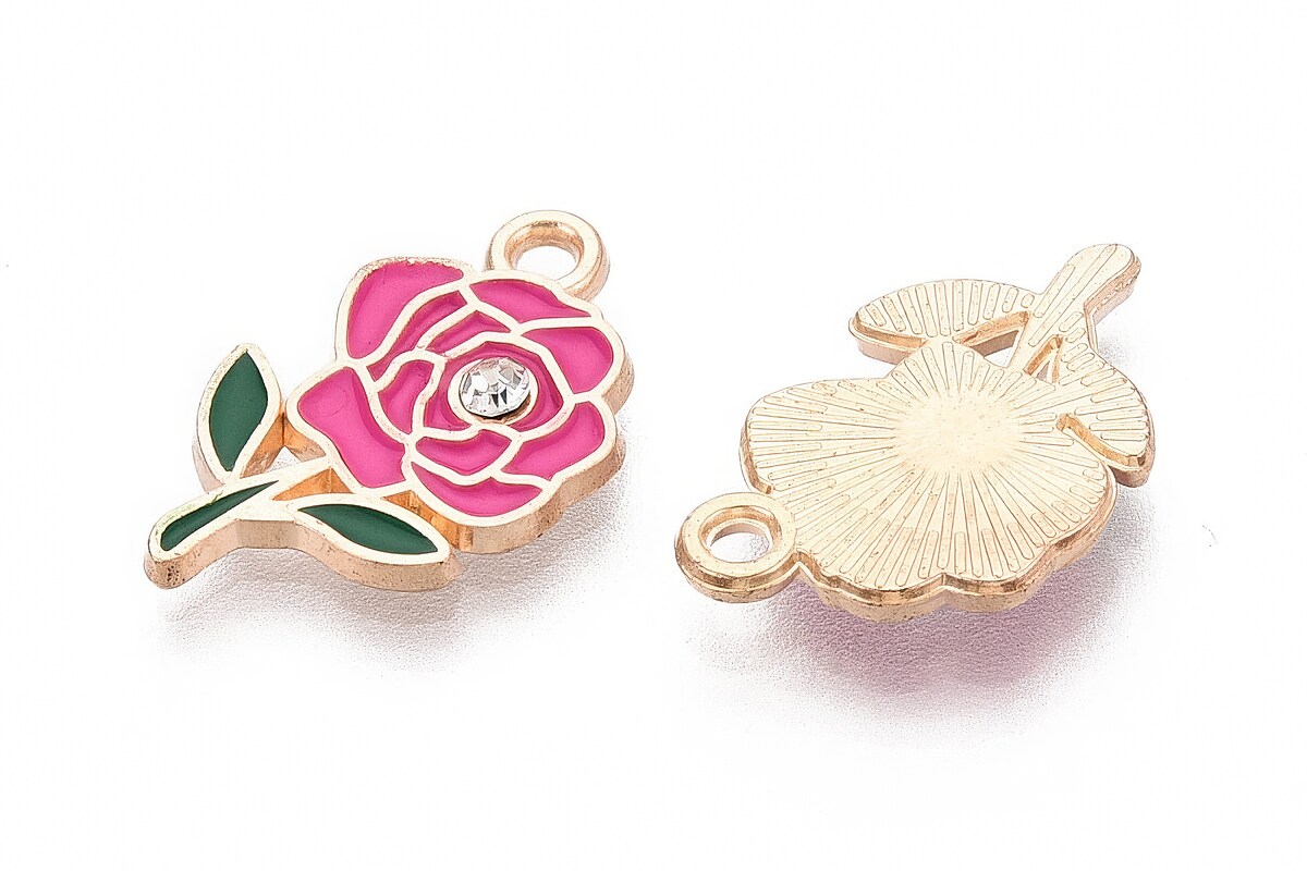 Charm mini pandantiv auriu emailat trandafir roz cu stras alb 18,5x11mm