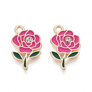 Charm mini pandantiv auriu emailat trandafir roz cu stras alb 18,5x11mm