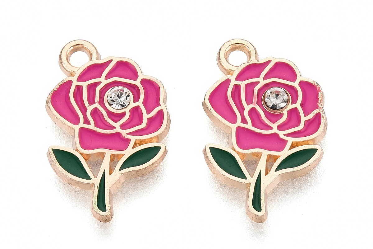 Charm mini pandantiv auriu emailat trandafir roz cu stras alb 18,5x11mm