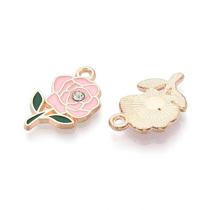 Charm mini pandantiv auriu emailat trandafir roz deschis cu stras alb 18,5x11mm