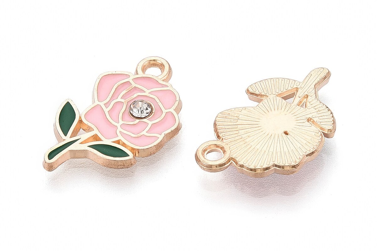 Charm mini pandantiv auriu emailat trandafir roz deschis cu stras alb 18,5x11mm