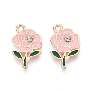 Charm mini pandantiv auriu emailat trandafir roz deschis cu stras alb 18,5x11mm