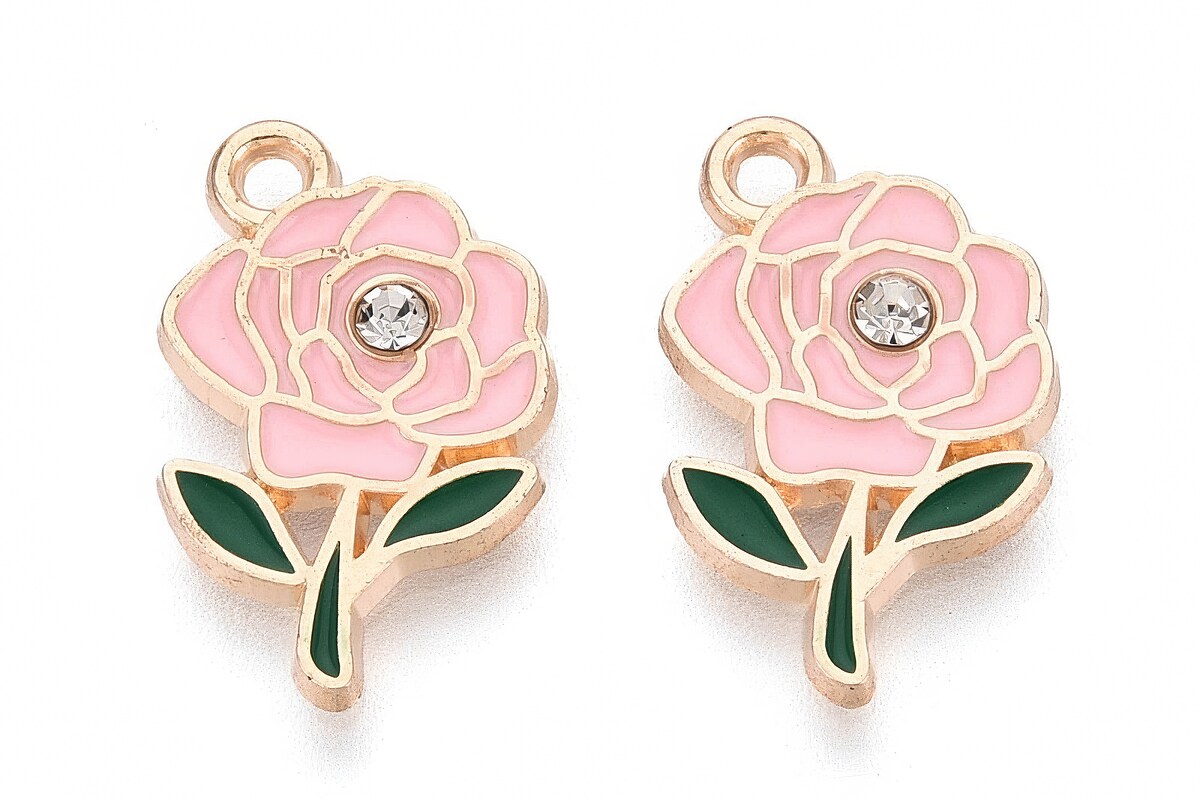 Charm mini pandantiv auriu emailat trandafir roz deschis cu stras alb 18,5x11mm