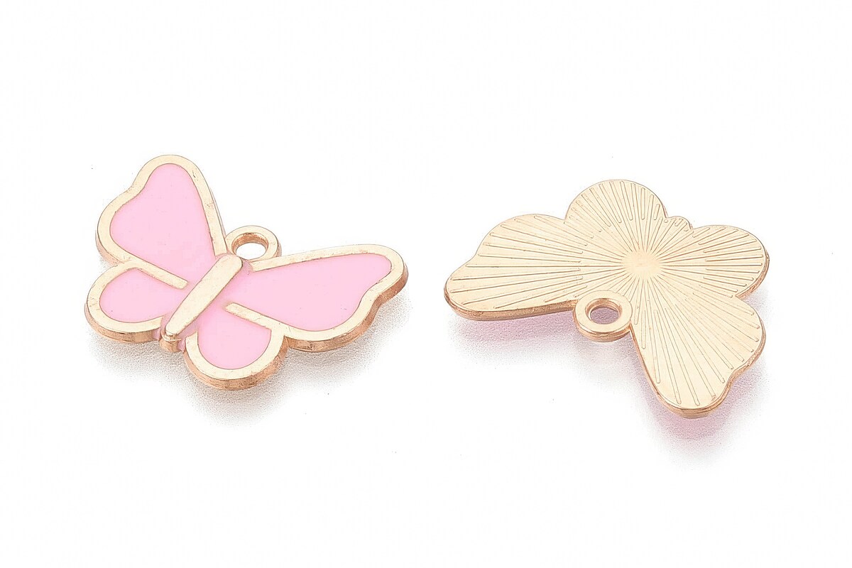 Charm mini pandantiv auriu emailat fluture roz 19x22mm