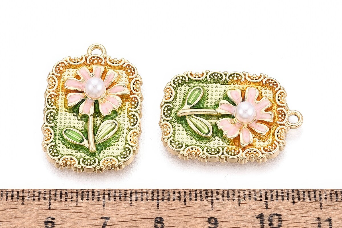 Charm mini pandantiv auriu emailat floare cu perluta 27x19mm