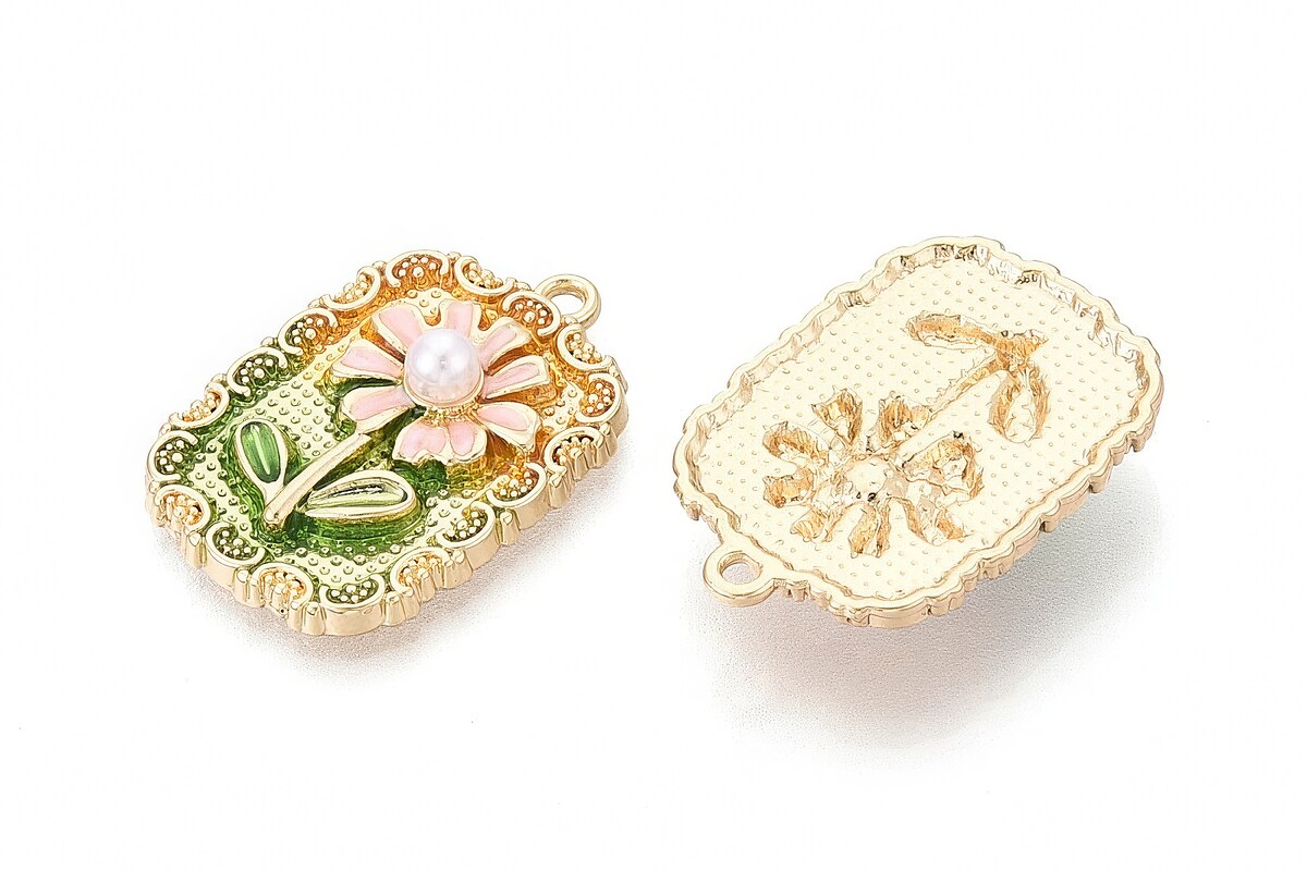 Charm mini pandantiv auriu emailat floare cu perluta 27x19mm