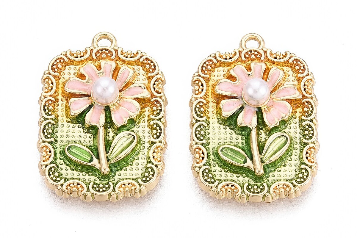 Charm mini pandantiv auriu emailat floare cu perluta 27x19mm