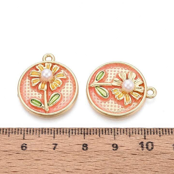 Charm mini pandantiv auriu emailat floare cu perluta 24x21mm