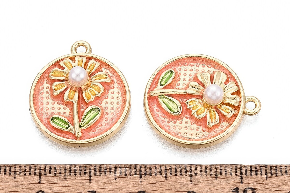 Charm mini pandantiv auriu emailat floare cu perluta 24x21mm