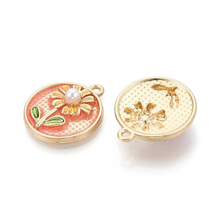 Charm mini pandantiv auriu emailat floare cu perluta 24x21mm