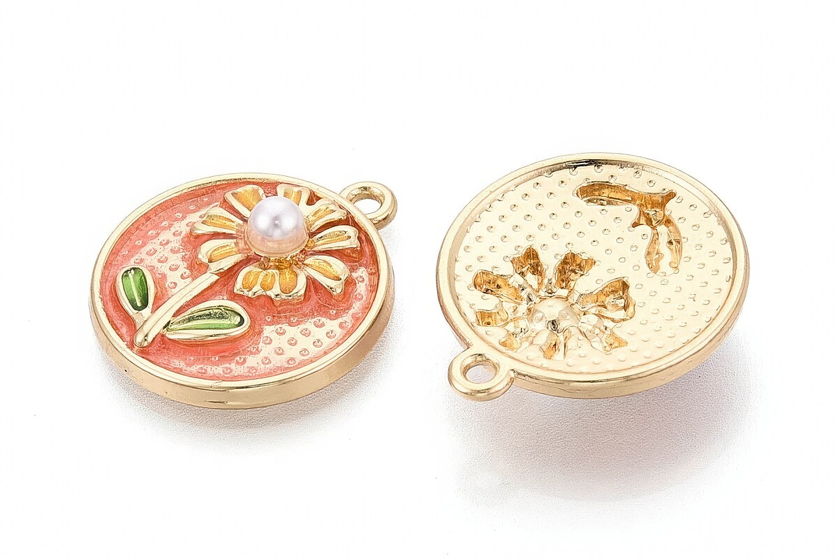 Charm mini pandantiv auriu emailat floare cu perluta 24x21mm