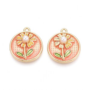 Charm mini pandantiv auriu emailat floare cu perluta 24x21mm