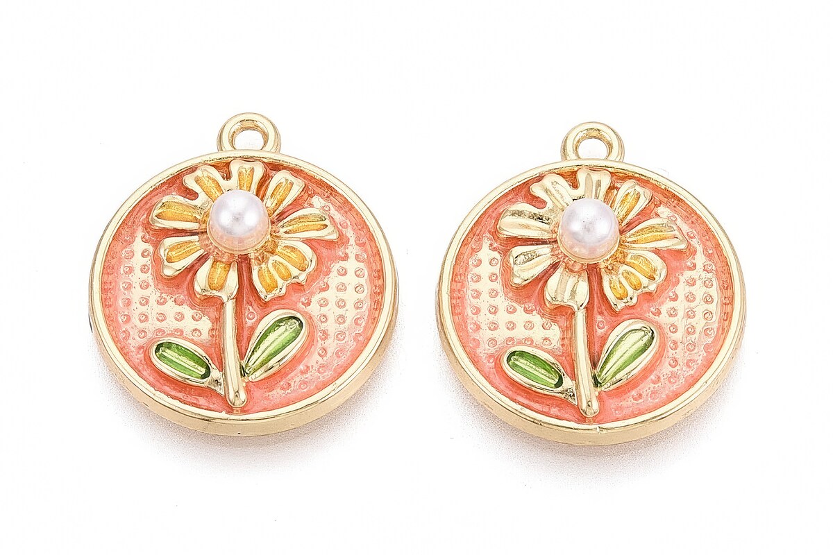 Charm mini pandantiv auriu emailat floare cu perluta 24x21mm
