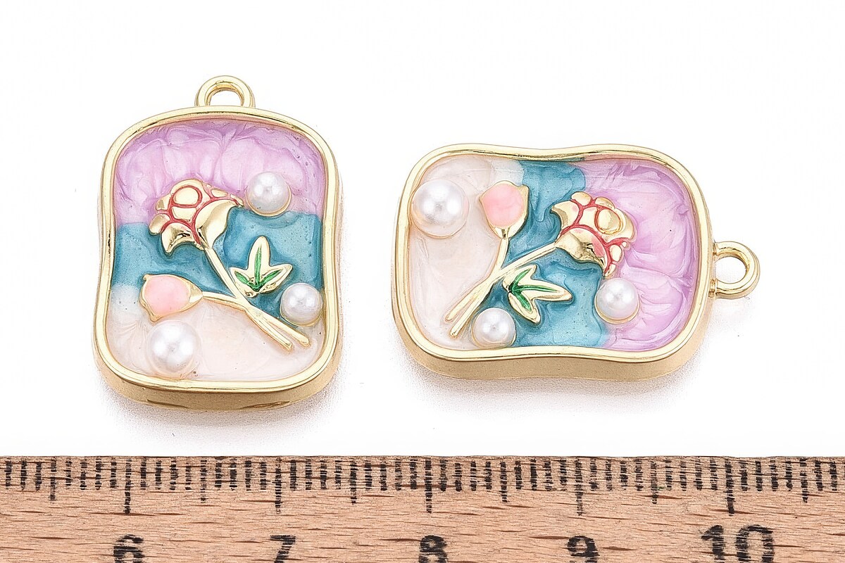 Charm mini pandantiv auriu emailat floare cu perlute 25x17mm