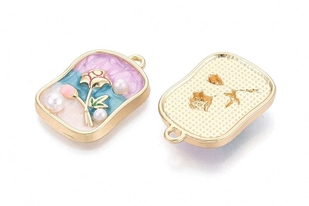 Charm mini pandantiv auriu emailat floare cu perlute 25x17mm