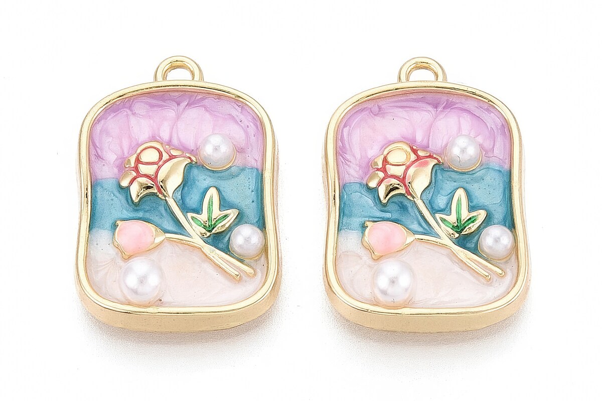 Charm mini pandantiv auriu emailat floare cu perlute 25x17mm