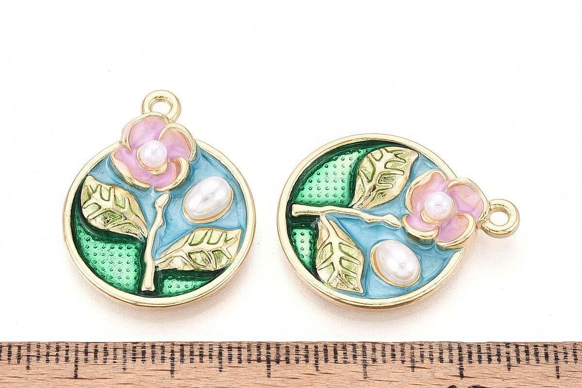 Charm mini pandantiv auriu emailat floare cu perlute 26x20,5mm