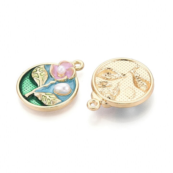 Charm mini pandantiv auriu emailat floare cu perlute 26x20,5mm