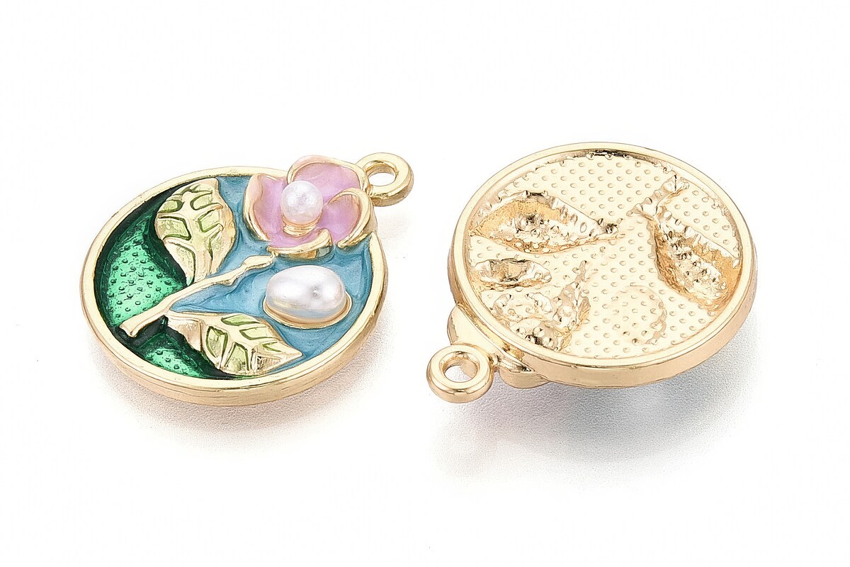 Charm mini pandantiv auriu emailat floare cu perlute 26x20,5mm