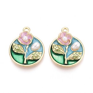 Charm mini pandantiv auriu emailat floare cu perlute 26x20,5mm