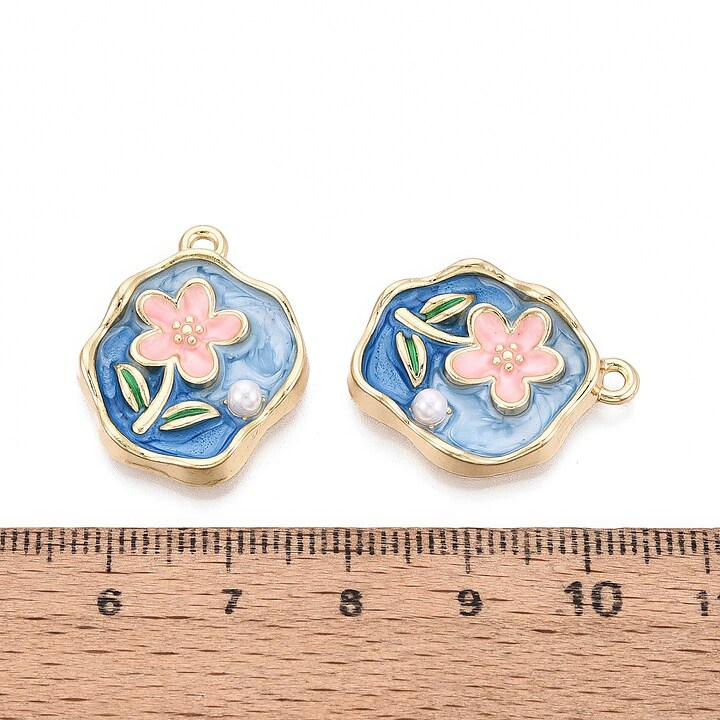 Charm mini pandantiv auriu emailat floare roz cu perluta 25x20mm