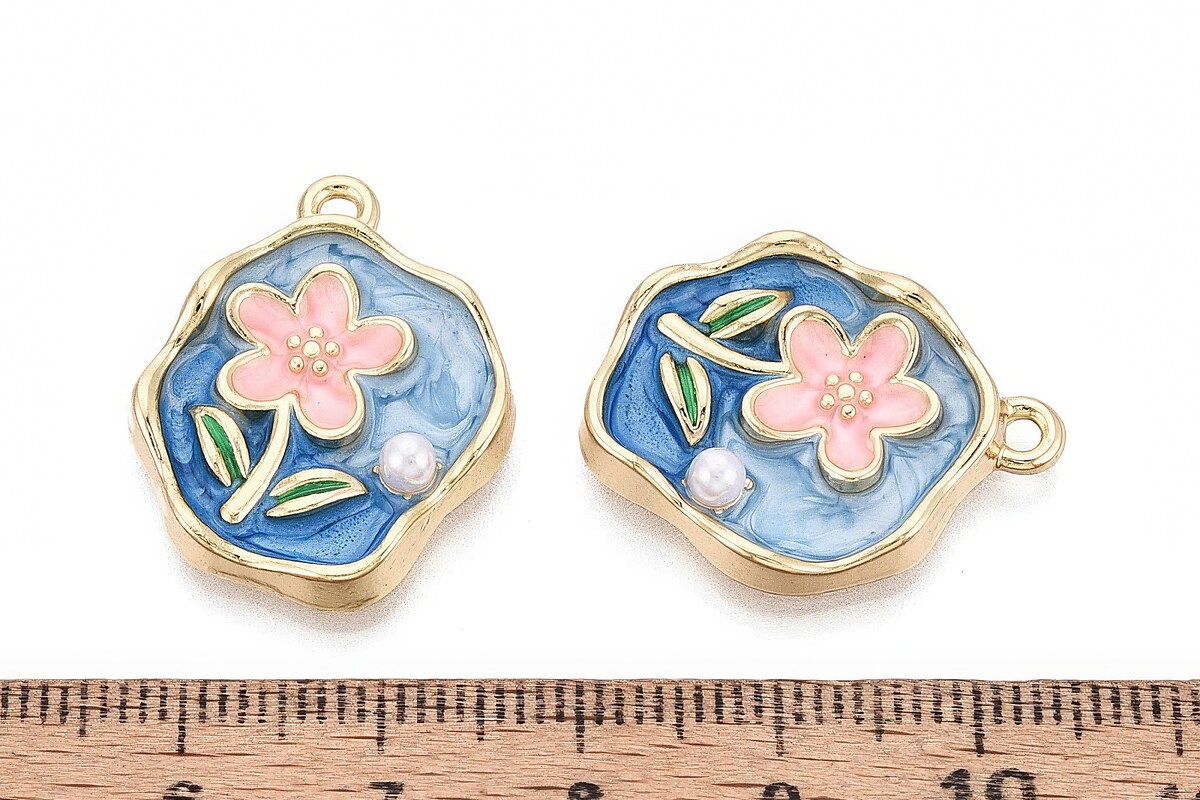 Charm mini pandantiv auriu emailat floare roz cu perluta 25x20mm
