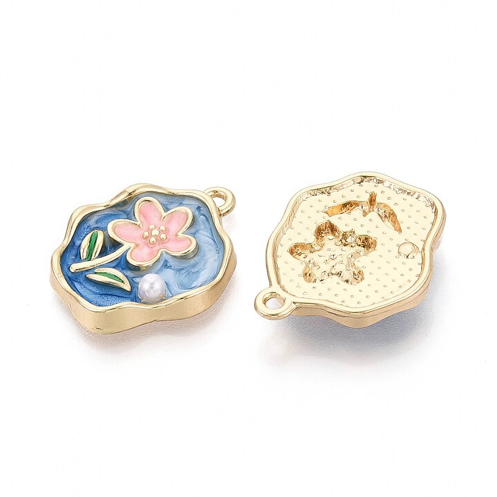 Charm mini pandantiv auriu emailat floare roz cu perluta 25x20mm