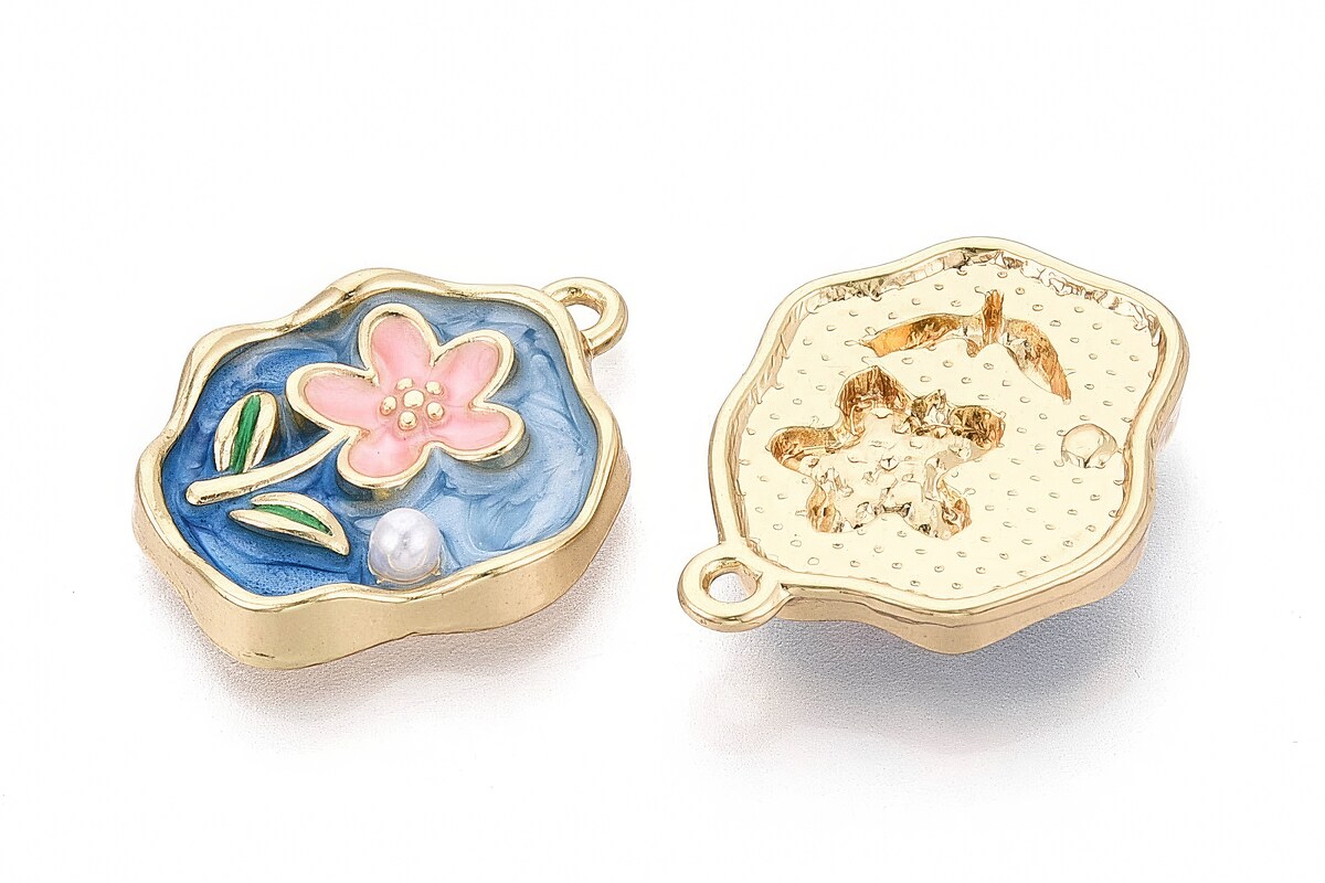 Charm mini pandantiv auriu emailat floare roz cu perluta 25x20mm