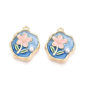 Charm mini pandantiv auriu emailat floare roz cu perluta 25x20mm