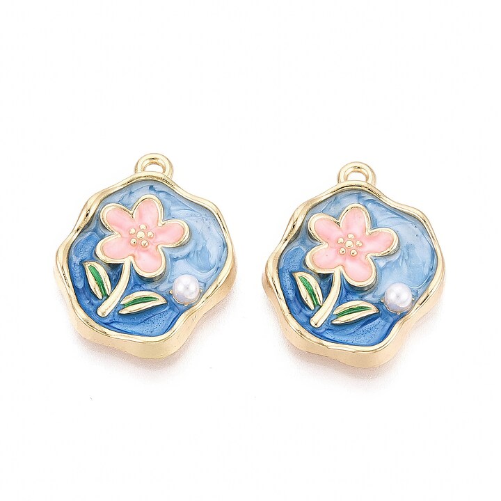 Charm mini pandantiv auriu emailat floare roz cu perluta 25x20mm