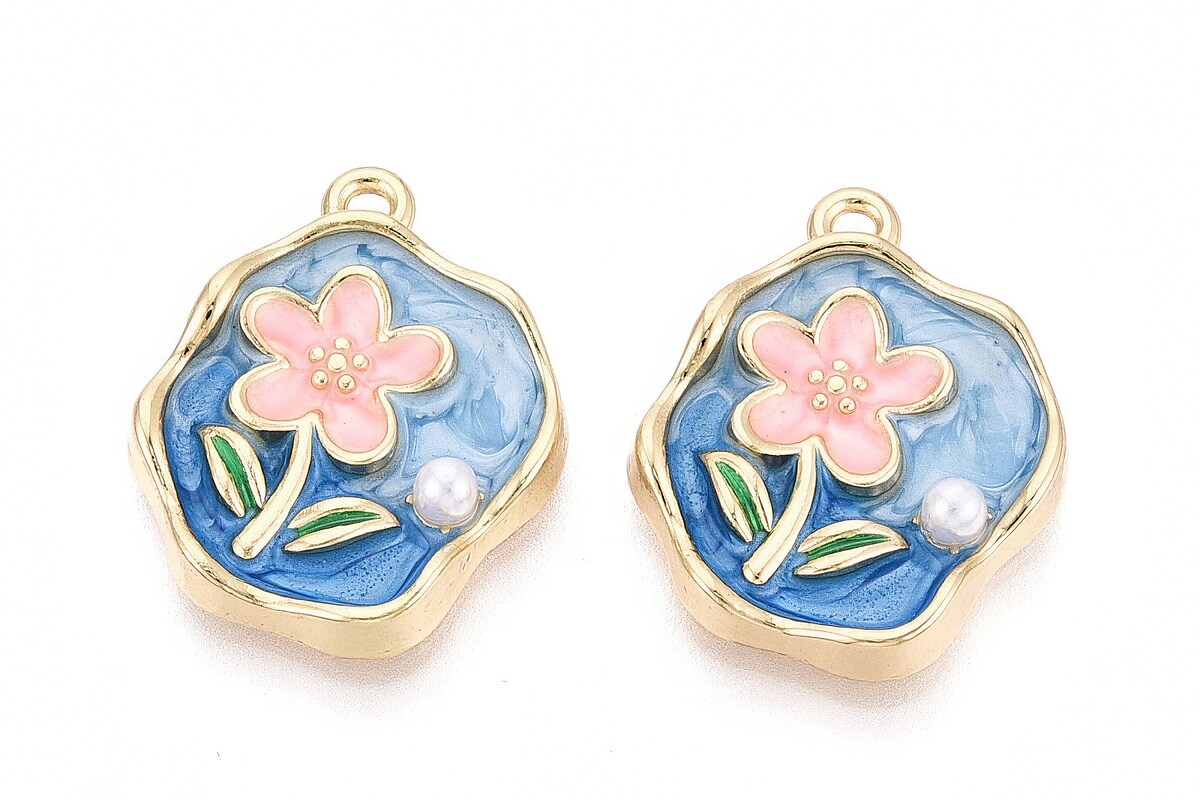 Charm mini pandantiv auriu emailat floare roz cu perluta 25x20mm