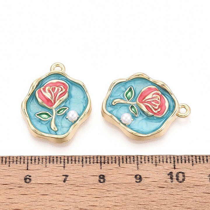 Charm mini pandantiv auriu emailat floare corai cu perluta 25x20mm