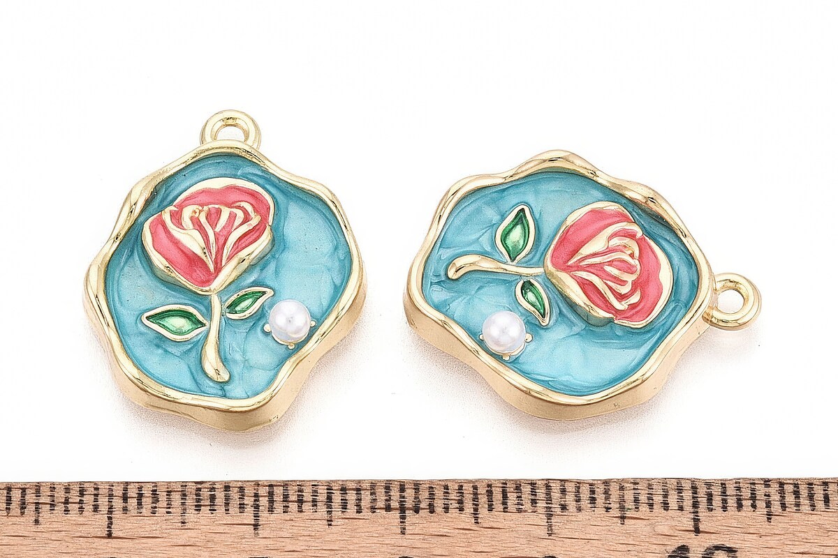 Charm mini pandantiv auriu emailat floare corai cu perluta 25x20mm